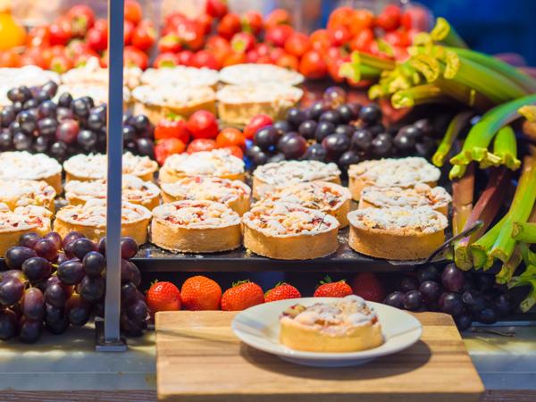 Sweet desserts and cakes in a shop